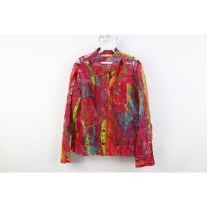 Vintage 90s Y2K Babydoll Womens Large Flax Blend Sheer Rainbow Flower Jacket